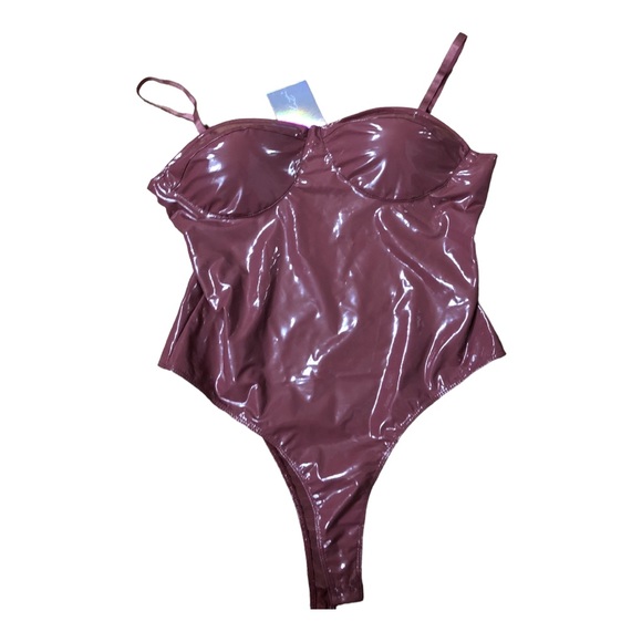 Mauve brown Patent leather glossy padded spaghetti strap bustier bodysuit size L - Picture 2 of 15